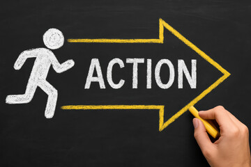 Poster - A concept progress and motivation is illustrated with a running figure and a bright arrow on a textured blackboard background symbolizing decisive steps forward in business