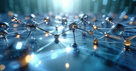 Poster - Abstract network illustration. Glowing spheres connected by lines suggest data flow, technology, innovation, future concepts. Blue tones dominate image.