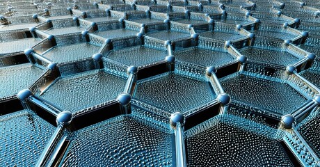 Poster - Hexagonal lattice structure, possibly graphene. Blue tones dominate, showing interconnected cells. Detailed texture suggests nanoscale material.