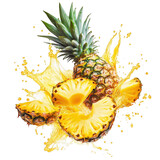 Exploding pieces of pineapples splash fruit juice  white and transparent background.