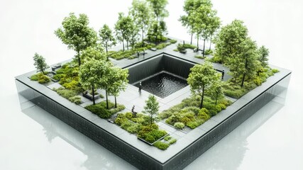 Aufkleber - A serene small garden with a fountain and surrounded by trees