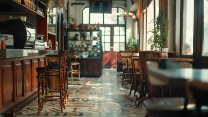 Poster - Cafe scene with tables, chairs, and bar