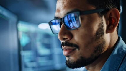 Focused programmer with glasses looks at a screen displaying lines of code in a blue-toned office environment.