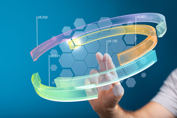 Poster - Hand interacts with 3D data visualization.  Modern technology, data analytics, digital interface.