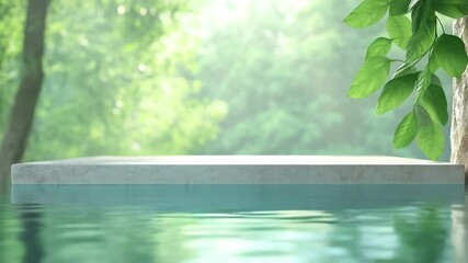 Poster - Serene Podium by the Water: A sleek concrete podium floats gracefully above tranquil, clear water, framed by verdant foliage and bathed in natural sunlight, creating a space of calm. 
