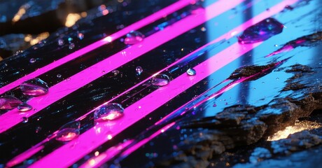 Poster - Wet surface reflects vibrant pink, blue lines. Water droplets create interesting light effects. Dark background emphasizes colorful glow.