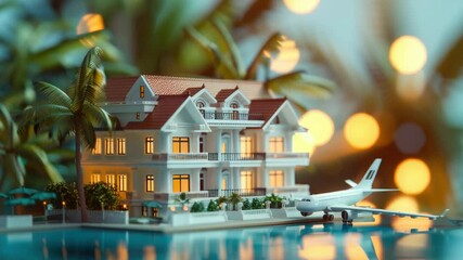 Aufkleber - A residential building with a small aircraft parked in front, suitable for illustrations about homes, airports, or transportation