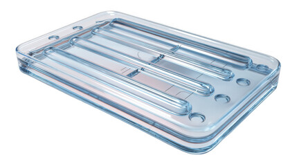 Poster - Transparent lab on a chip device containing microfluidic channels, enabling precise manipulation and analysis of fluids on a miniature scale, with transparent background