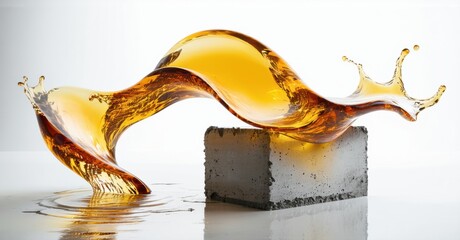 Poster - Liquid flows over concrete cube. Dynamic splash creates interesting shapes, reflections visible. Bright studio lighting emphasizes texture.
