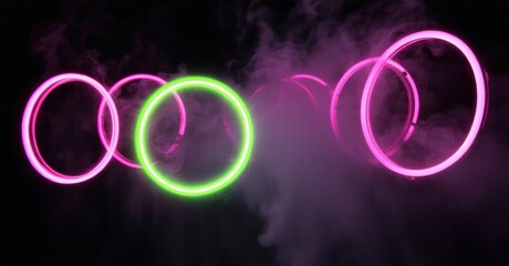 Poster - Bright neon rings float amid dark smoke. Vivid pink, green hues create striking visual contrast. Modern, abstract composition.