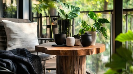 Poster - Stylish indoor decor featuring a wooden table, plants, and cozy seating in a bright, natural light setting