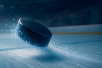 Poster - Dynamic Ice Hockey Puck in Motion on Frozen Rink Surface