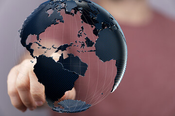 Poster - Abstract image of a hand interacting with a 3D model of the Earth, symbolizing global connectivity and networking.
