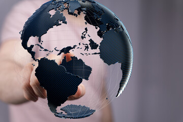 Poster - Abstract image of a hand interacting with a 3D model of the Earth, representing global connectivity and networking.
