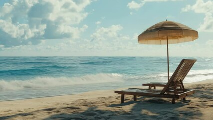 Poster - Two lounge chairs and an umbrella on a sandy beach, perfect for relaxing