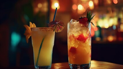 Poster - Close-up of two glasses and bottles sitting on a wooden table, suitable for a home or office setting