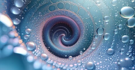 Poster - Abstract spiral pattern. Water droplets surround central glowing vortex. Blue, purple hues create mesmerizing effect.