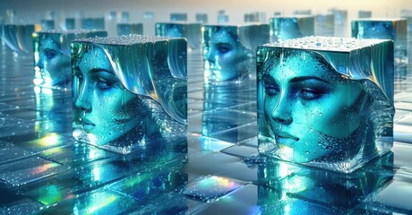 Aufkleber - Frozen faces within ice cubes reflect endlessly. Blue tones dominate surreal, glossy scene. Mysterious, captivating imagery.