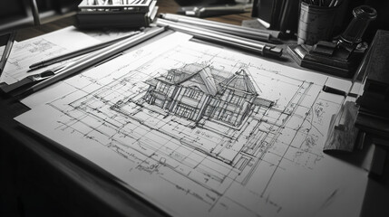 Poster - Architectural drawing of house blueprint on desk with tools and sketches, showcasing creativity