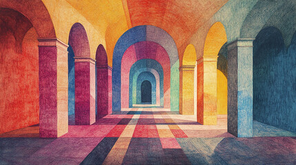 Poster - Colorful arches create vibrant atmosphere in this artistic interpretation of interior space