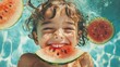 © Ekkarat_Studio - Joyful Child Laughing with Watermelon Slice in Clear Pool Water on a Sunny Day in Summer Time