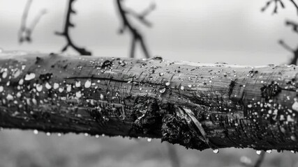Poster - A close-up view of a tree branch covered in water droplets