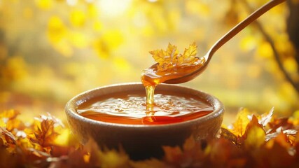 Poster - A spoon filled with honey sits on top of a bowl, perfect for sweet treats or breakfast inspiration
