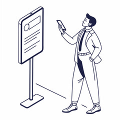 Businessman using smartphone near digital signage display
