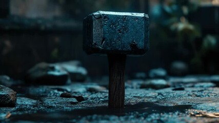 Poster - A hammer stuck in the mud and surrounded by raindrops