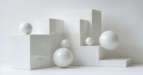 Aufkleber - Minimalist composition. White cubes, spheres create abstract scene. Clean lines, geometric shapes, soft lighting present modern aesthetic.