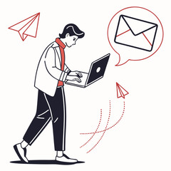 Man walking laptop email sending message online