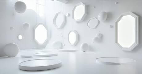 Poster - Minimalist white room features geometric shapes, platforms, suspended orbs. Clean aesthetic, bright lighting creates modern space.