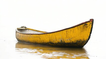 Poster - A yellow boat sits on the wet sand of a beach
