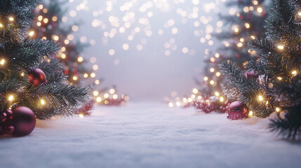 Poster - serene winter scene featuring Christmas trees adorned with lights and ornaments, creating