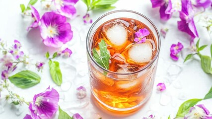 Poster - A refreshing glass of iced tea served with ice and decorated with flowers, perfect for a warm day or as a thoughtful gift