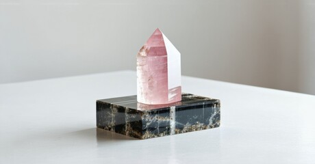 Poster - Pink crystal atop dark marble base. Minimalist composition, soft lighting, clean surface. Elegant display piece, simple geometry, natural textures.