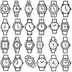 Poster - Collection of twenty four watches with different styles and designs in black outline on white background