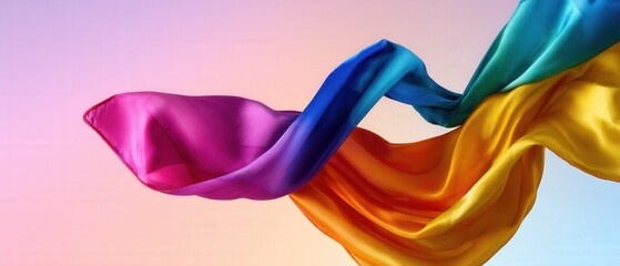Poster - Abstract flowing silk fabric with vibrant rainbow colors in motion against a gradient background Concept of fluidity, creativity, and design