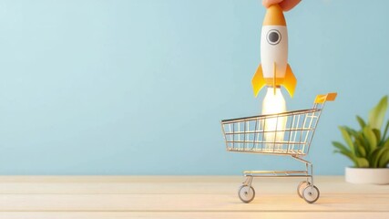 Poster - Shopping cart with rocket launching from it against a light blue background representing growth and innovation in e-commerce 4k video footage