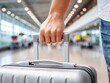 © Moopingz - Close-up of a hand pulling a suitcase handle, a person is seen holding a luggage handle inside a bright airport terminal, ready to board a flight.