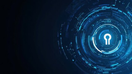 Fototapete - Futuristic Digital Lock Symbol with Circular Circuit Patterns and Glowing Blue Elements on Dark Background 4k video footage