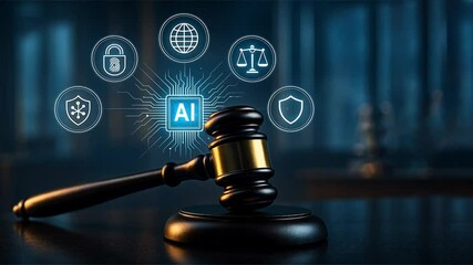 Gavel on table with floating ai governance icons, showing justice and digital control, concept of ai ethics, governance, legal decisions in tech