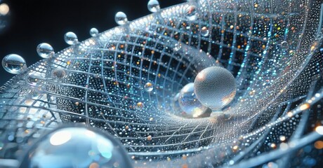 Poster - Intricate network, glowing spheres, fluid dynamics. Abstract digital art, complex structure, futuristic design. Light reflections, vibrant colors, detailed texture.