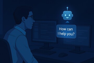 Poster - A professional developer receives assistance from an advanced ai bot to solve any complex project. The futuristic and tech-savvy image evokes innovation and efficiency.