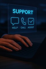 Poster - Empowering virtual customer assistance: A person's hand operates a sleek laptop in a dimly lit setting, interacting with a support interface to offer guidance.