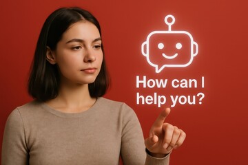 Poster - A woman interacts with a friendly chatbot, the image focusing on a fusion of human and digital interaction. Embodying technology and user support, the image highlights communication and assistance.