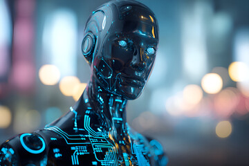 Aufkleber - Futuristic robot showing artificial intelligence in a city at night