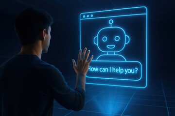 Poster - A person interacts with a futuristic AI chatbot on a digital interface, illustrating the concept of technology and interaction in a modern setting.