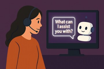 Poster - A friendly operator uses cutting-edge technology to assist with any questions. The image features a modern chatbot, representing the future of customer service.