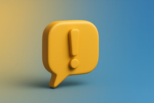 A 3D rendered illustration of an exclamation mark symbol inside a speech bubble, signaling attention, warning, or an important announcement. The scene is bathed in soft light.
